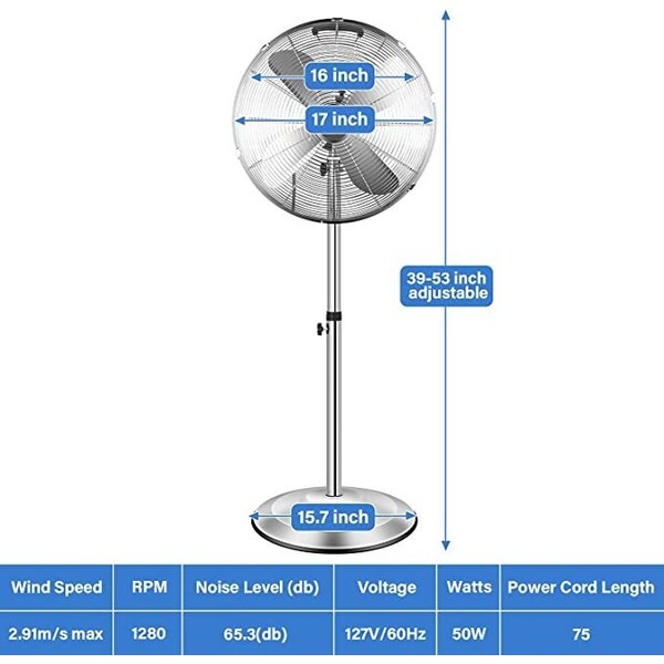 Ipower 16'' Metal Stand Fan, Silver - HIFANXSTAND16METALF