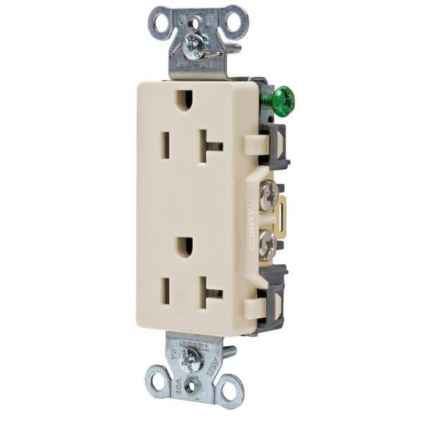 Hubbell Receptacle, 20 A Amps, 125V AC, Flush Mount, Decorator Duplex Outlet, 5-20R, Light Almond - DR20LA