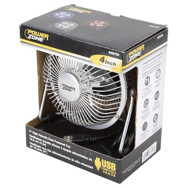 Powerzone PowerZone FE-20 Personal Fan, 4 in Dia Blade, 120 VAC, Blue/Red/Silver - FE-20