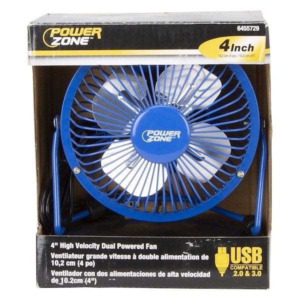 Powerzone PowerZone FE-20 Personal Fan, 4 in Dia Blade, 120 VAC, Blue/Red/Silver - FE-20