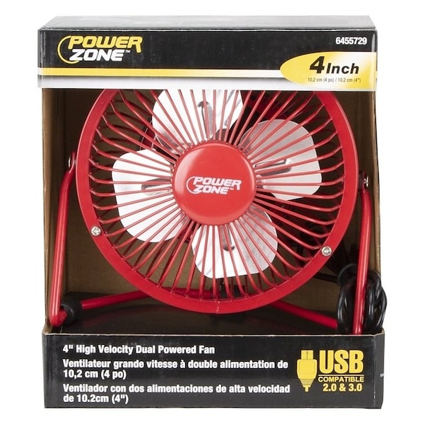 Powerzone PowerZone FE-20 Personal Fan, 4 in Dia Blade, 120 VAC, Blue/Red/Silver - FE-20