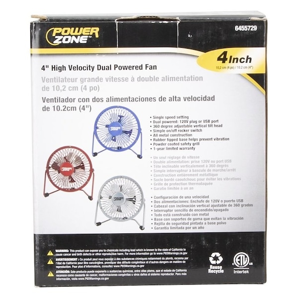 Powerzone PowerZone FE-20 Personal Fan, 4 in Dia Blade, 120 VAC, Blue/Red/Silver - FE-20