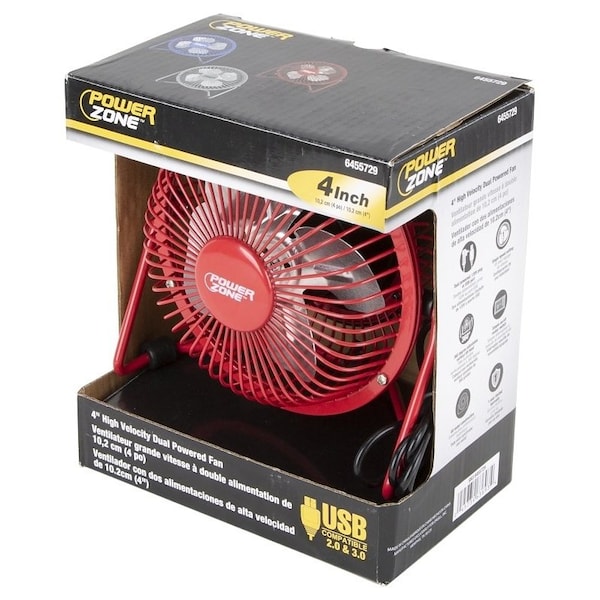 Powerzone PowerZone FE-20 Personal Fan, 4 in Dia Blade, 120 VAC, Blue/Red/Silver - FE-20