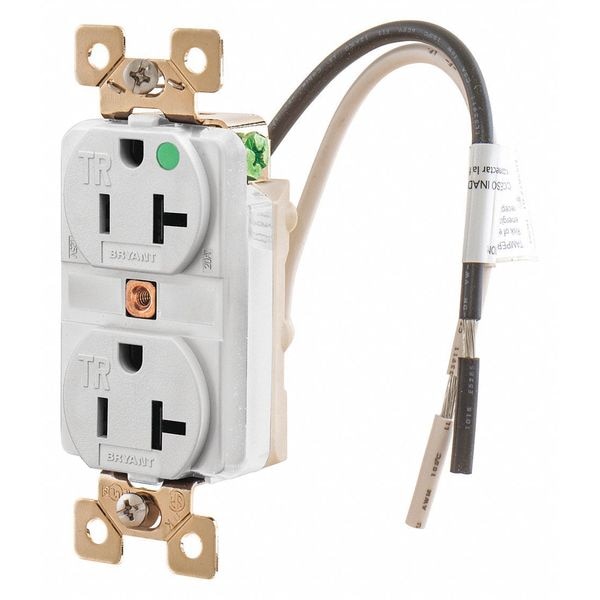 Zoro Select Receptacle, 20 A Amps, 125V AC, Flush Mount, Standard Duplex Outlet, 5-20R, White - BRY8300WTR