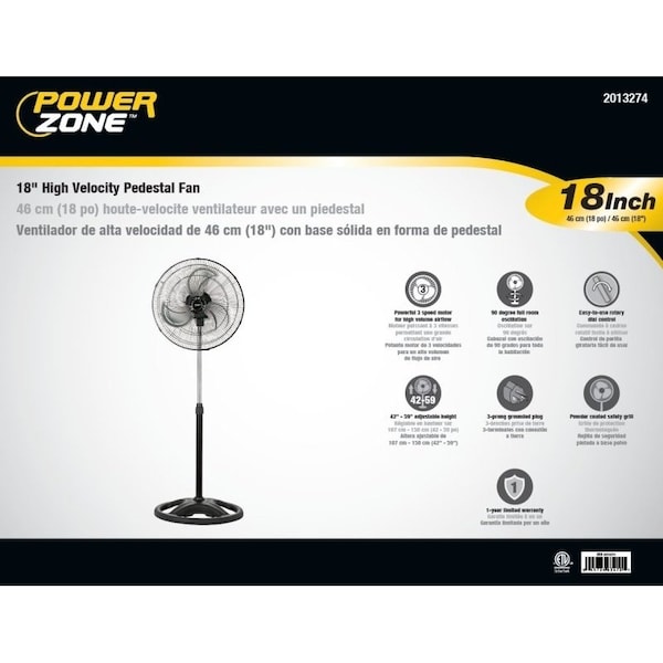 Powerzone PowerZone CZHVP18EXP High-Velocity Pedestal Fan, 3-Blade, 3-Speed, 120 V, Black - CZHVP18EXP