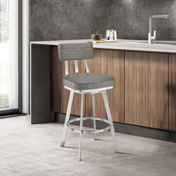 Armen Living Jinab Swivel Counter Stool in Brushed Stainless Steel with Gray Faux Leather - 840254335288