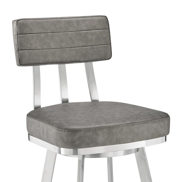 Armen Living Jinab Swivel Counter Stool in Brushed Stainless Steel with Gray Faux Leather - 840254335288