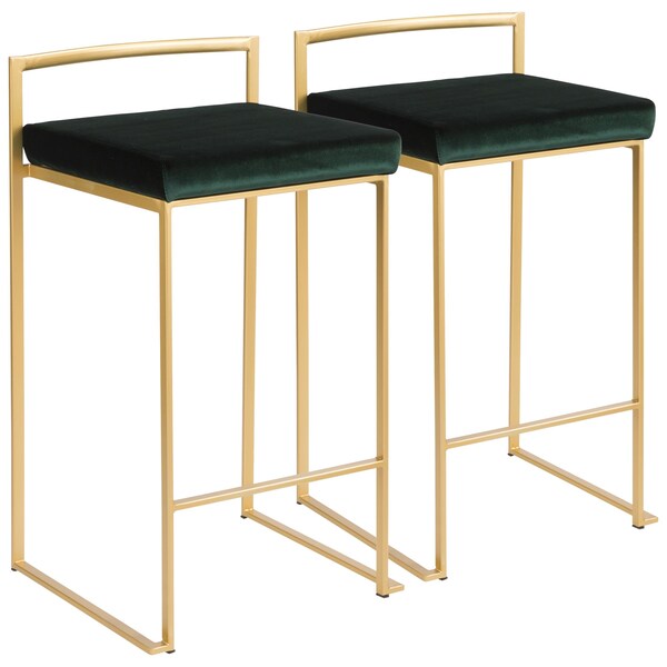 Lumisource Fuji Stackable Counter Stool in Gold with Green Velvet Cushion, PK 2 - B26-FUJI AUVGN2
