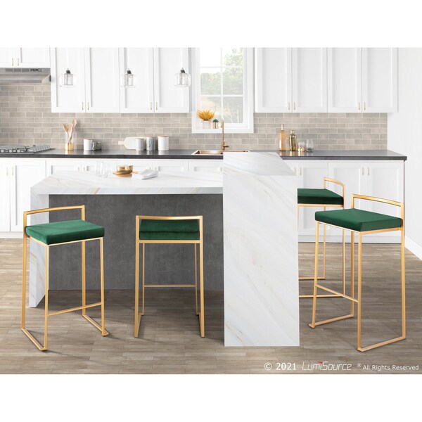 Lumisource Fuji Stackable Counter Stool in Gold with Green Velvet Cushion, PK 2 - B26-FUJI AUVGN2