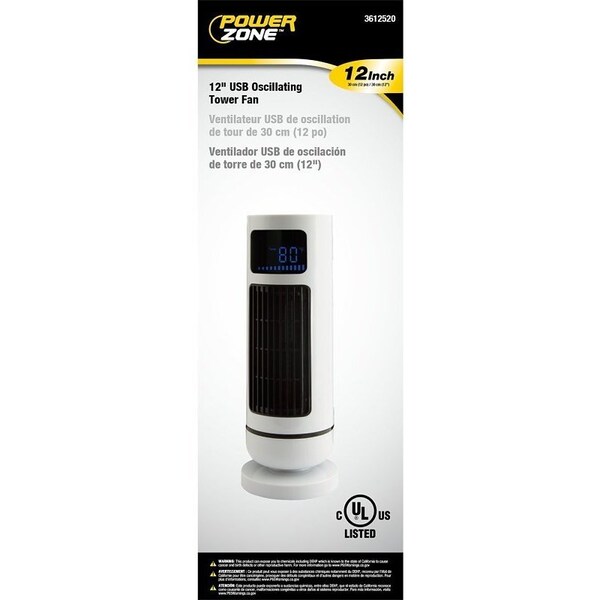 Powerzone 12 in USB Oscillating Tower Fan, 5 V, 3-Speed, 60 deg Rotating, White - TF-180R-R