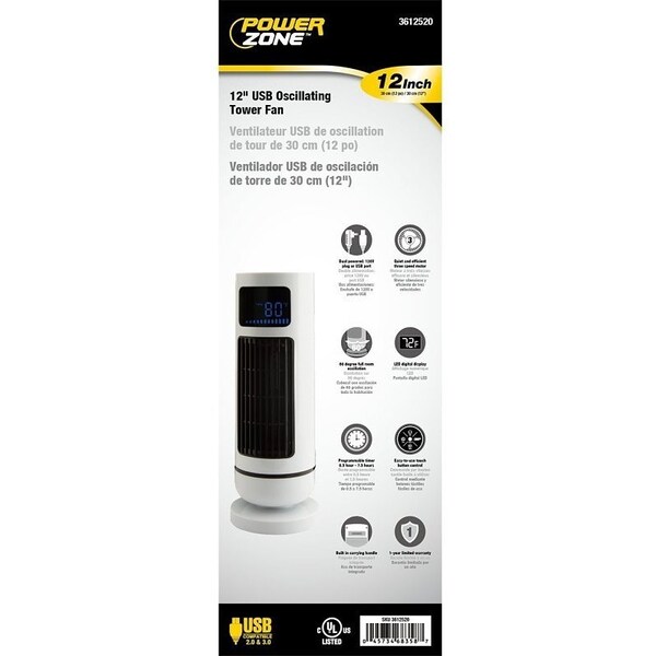 Powerzone 12 in USB Oscillating Tower Fan, 5 V, 3-Speed, 60 deg Rotating, White - TF-180R-R