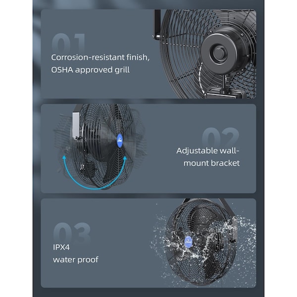 Iliving Black 14 in. Wall Mounted Variable Speed Indoor/Outdoor Weatherproof Fan - ILG8E14-15
