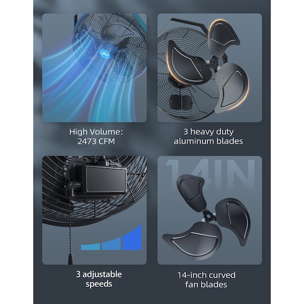 Iliving Black 14 in. Wall Mounted Variable Speed Indoor/Outdoor Weatherproof Fan - ILG8E14-15