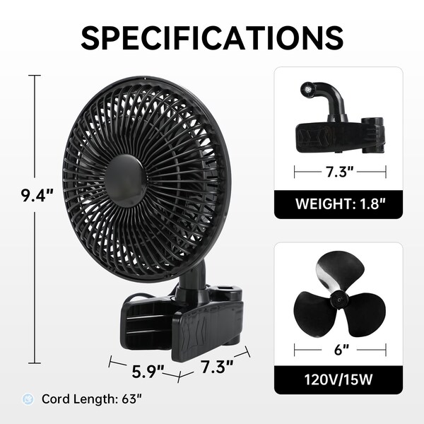 Edendirect 6-Inch Clip-On Grow Tent Fan, 2-Speed, 90deg Manual Tilt, 15W, USB Powered - IR-GLFANXCLIP6B