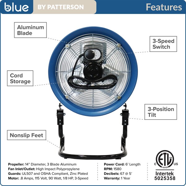 Blue By Patterson 14 In Blade Dia 3 Speeds, Blue, 6' Cord - BLUE 1400