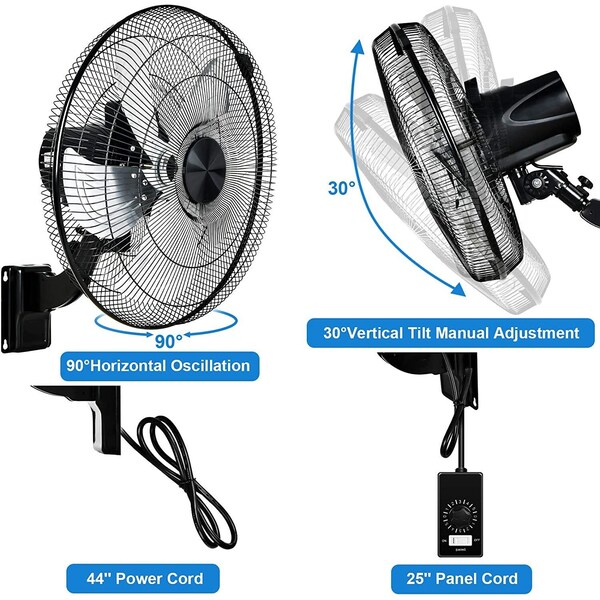 Edendirect 18in. Wall Mount Fan, 5-Speed, 90deg Oscillation, Adjustable Tilt, Commercial/Home Use, Black, 2PK - IR-WALLMOUNTPRO18RCX2