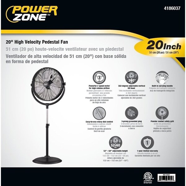 Powerzone PowerZone FES50-T5 High-Velocity Pedestal Stand Fan, 3-Blade, 3-Speed, 120 V, Black - FES50-T5