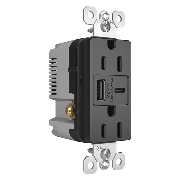 Legrand USB Charger Recept, 15 A, Black, Type A/C - R26USBACBK