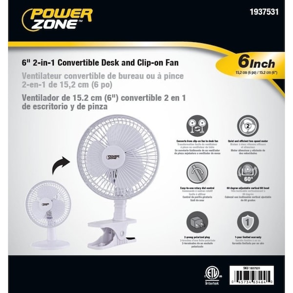 Powerzone PowerZone F-0645 Clip-on Oscillating Portable Fan, 6 in Dia Blade, 120 VAC - F-0645