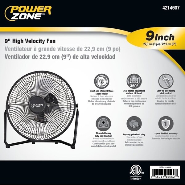 Powerzone PowerZone VF-9N High-Velocity Fan, 9 in Dia Blade, 120 VAC, Black - VF-9N