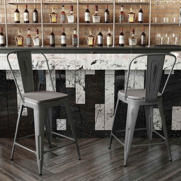 Flash Furniture Silver Metal Stool with Gray Poly Seat - ET-3534-24-SIL-PL1G-GG