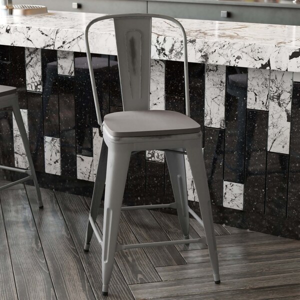 Flash Furniture Silver Metal Stool with Gray Poly Seat - ET-3534-24-SIL-PL1G-GG