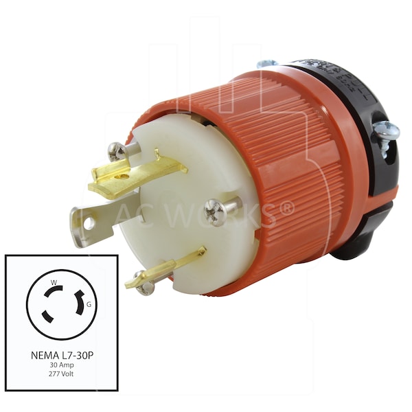 Ac Works NEMA L7-30P 30A 277V 3-Prong Locking Male Plug with UL, C-UL Approval in Orange - ASL730P