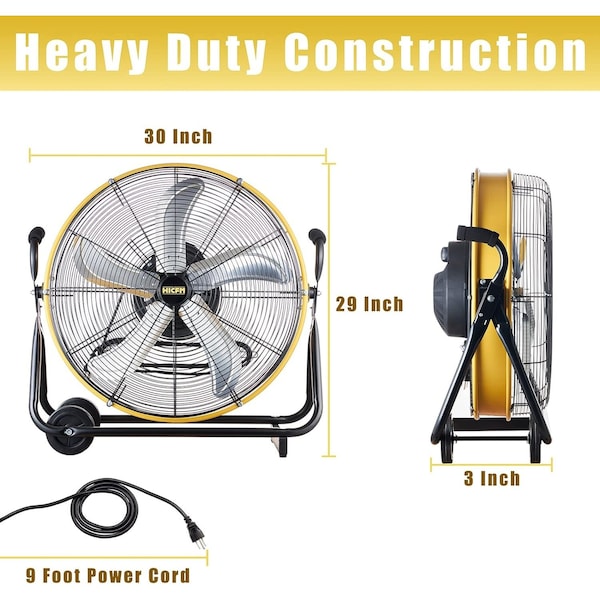 Edendirect 24in 3 Speeds High Velocity Internal Oscillating Barrel Floor Fan Yellow with 1/4 - IR-FAN7807