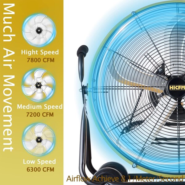 Edendirect 24in 3 Speeds High Velocity Internal Oscillating Barrel Floor Fan Yellow with 1/4 - IR-FAN7807