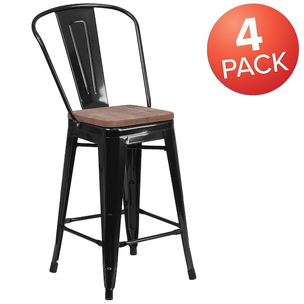Flash Furniture Black Metal Counter Stool, 24" - 4-CH-31320-24GB-BK-WD-GG