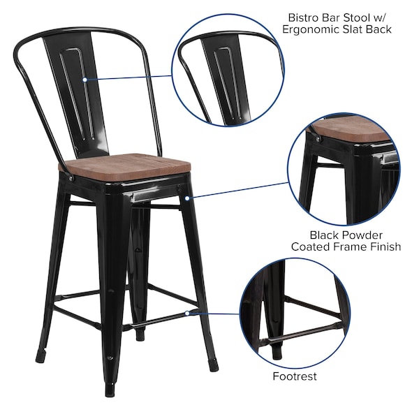 Flash Furniture Black Metal Counter Stool, 24" - 4-CH-31320-24GB-BK-WD-GG
