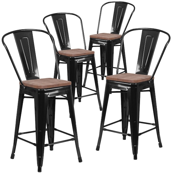 Flash Furniture Black Metal Counter Stool, 24" - 4-CH-31320-24GB-BK-WD-GG