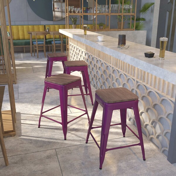 Flash Furniture Purple No Back Metal Stool, 24" - 4-ET-BT3503-24-PUR-WD-GG