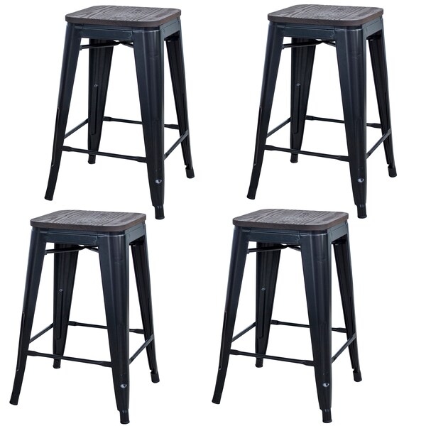 Amerihome Black 24" Metal Bar Stool With Wood Seat, PK4 - BS24BWTSET