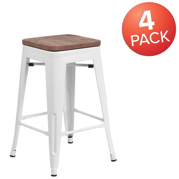 Flash Furniture White Metal Counter Stool, 24" - 4-CH-31320-24-WH-WD-GG