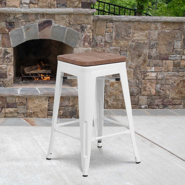 Flash Furniture White Metal Counter Stool, 24" - 4-CH-31320-24-WH-WD-GG