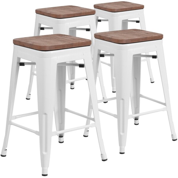 Flash Furniture White Metal Counter Stool, 24" - 4-CH-31320-24-WH-WD-GG