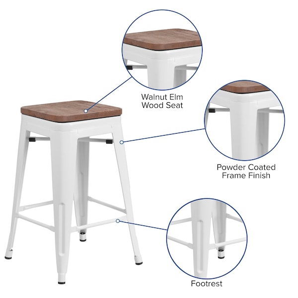 Flash Furniture White Metal Counter Stool, 24" - 4-CH-31320-24-WH-WD-GG