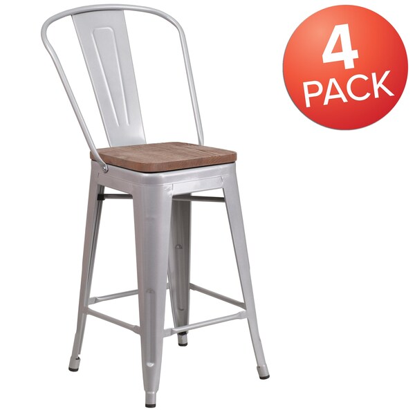 Flash Furniture Silver Metal Counter Stool, 24" - 4-CH-31320-24GB-SIL-WD-GG