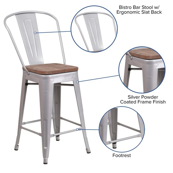 Flash Furniture Silver Metal Counter Stool, 24" - 4-CH-31320-24GB-SIL-WD-GG