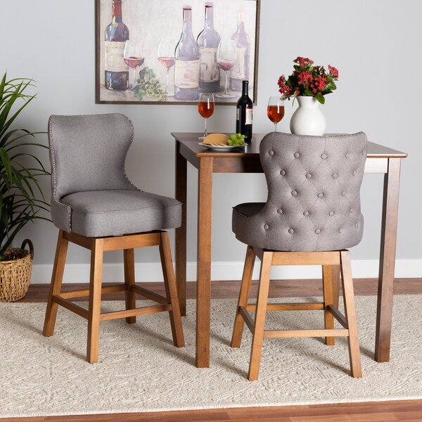 Baxton Studio Gradisca Modern Grey Fabric and Walnut Brown Finished Wood 2Piece Swivel Counter Stool Set, PR - 225-2PC-12975-ZORO