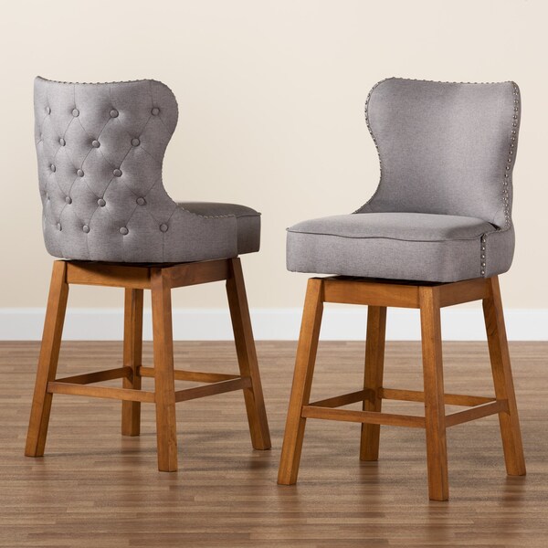 Baxton Studio Gradisca Modern Grey Fabric and Walnut Brown Finished Wood 2Piece Swivel Counter Stool Set, PR - 225-2PC-12975-ZORO