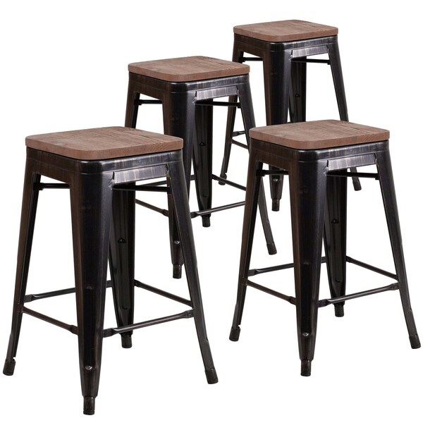 Flash Furniture Black-Antique Metal Stool, 24" - 4-CH-31320-24-BQ-WD-GG