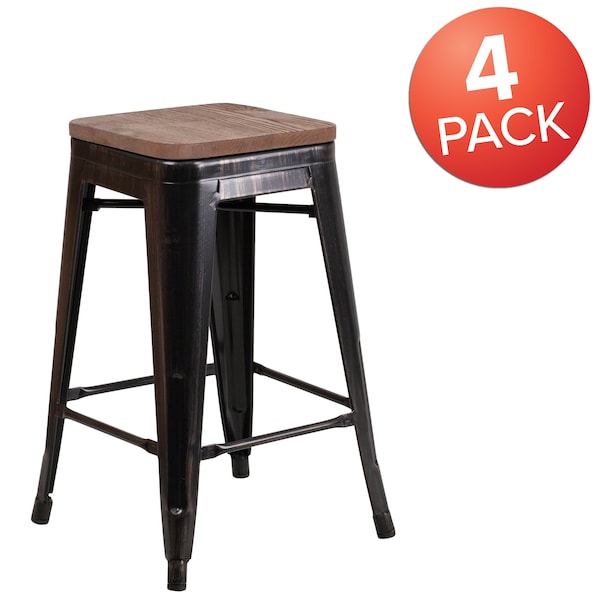 Flash Furniture Black-Antique Metal Stool, 24" - 4-CH-31320-24-BQ-WD-GG