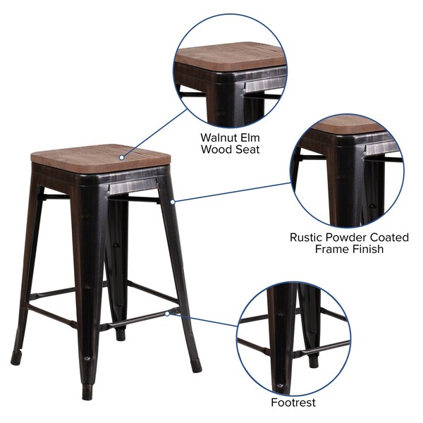 Flash Furniture Black-Antique Metal Stool, 24" - 4-CH-31320-24-BQ-WD-GG