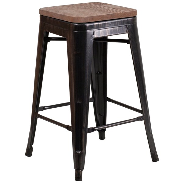 Flash Furniture Black-Antique Metal Stool, 24" - 4-CH-31320-24-BQ-WD-GG