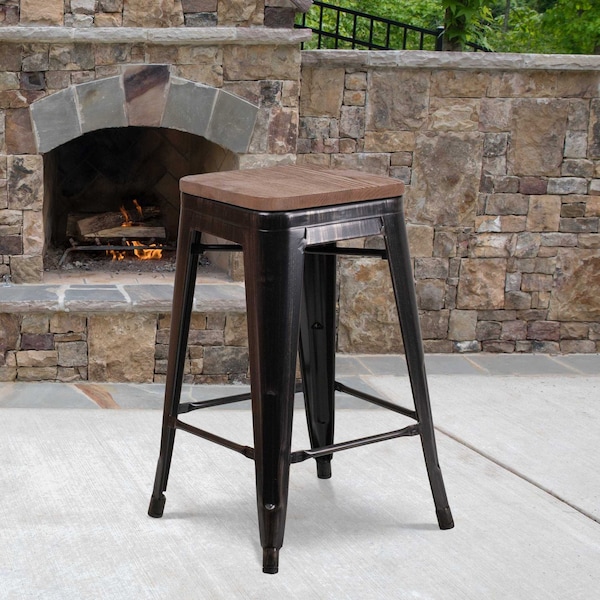 Flash Furniture Black-Antique Metal Stool, 24" - 4-CH-31320-24-BQ-WD-GG