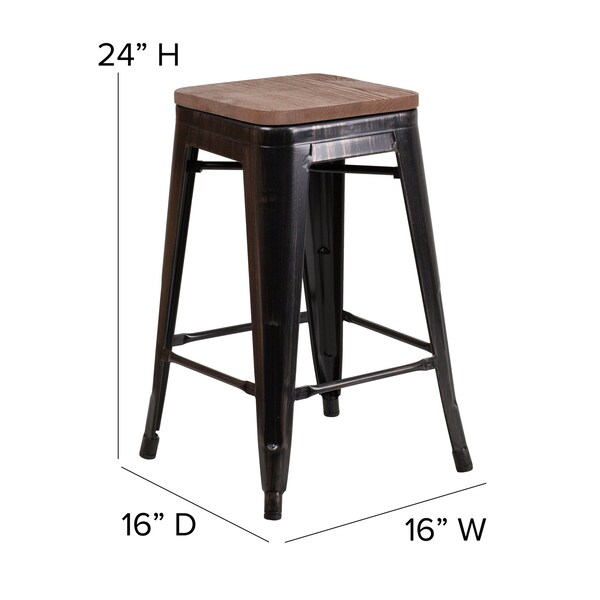 Flash Furniture Black-Antique Metal Stool, 24" - 4-CH-31320-24-BQ-WD-GG