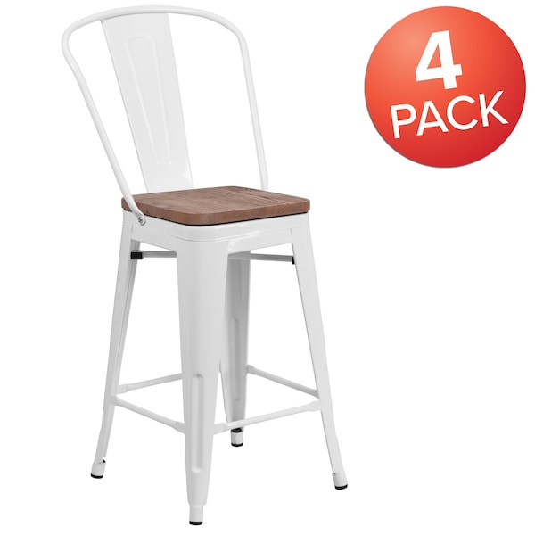 Flash Furniture White Metal Counter Stool, 24" - 4-CH-31320-24GB-WH-WD-GG
