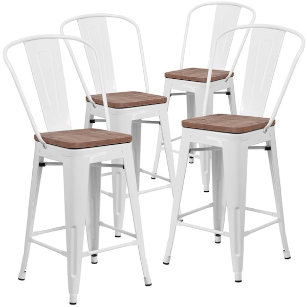 Flash Furniture White Metal Counter Stool, 24" - 4-CH-31320-24GB-WH-WD-GG